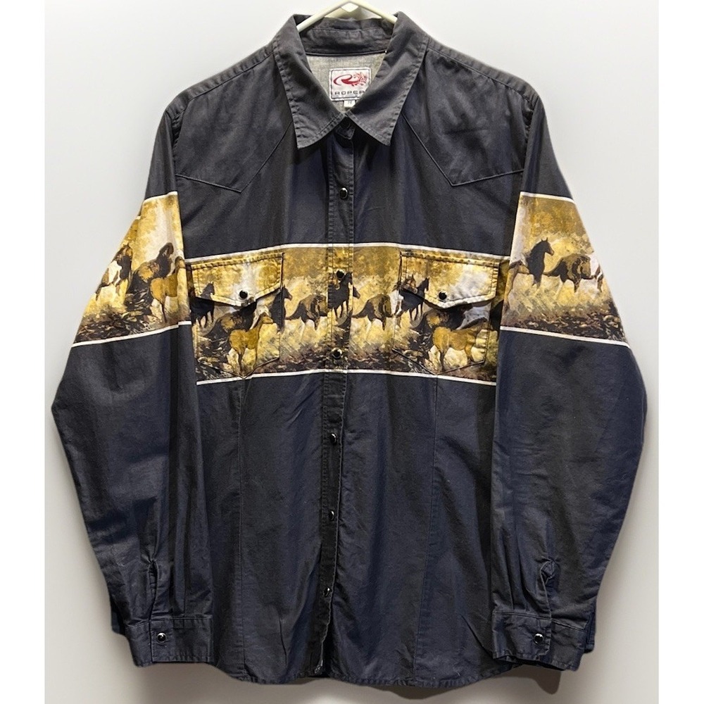 Men's Roper Western Horses Wrap Around Print Snap Button Shirt Size 2X